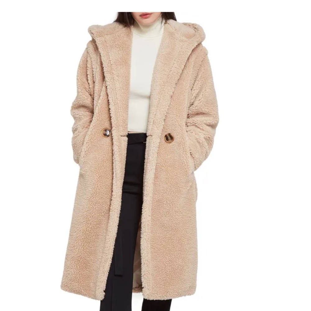 new Apparis faux fur hooded mia teddy long coat in toffee